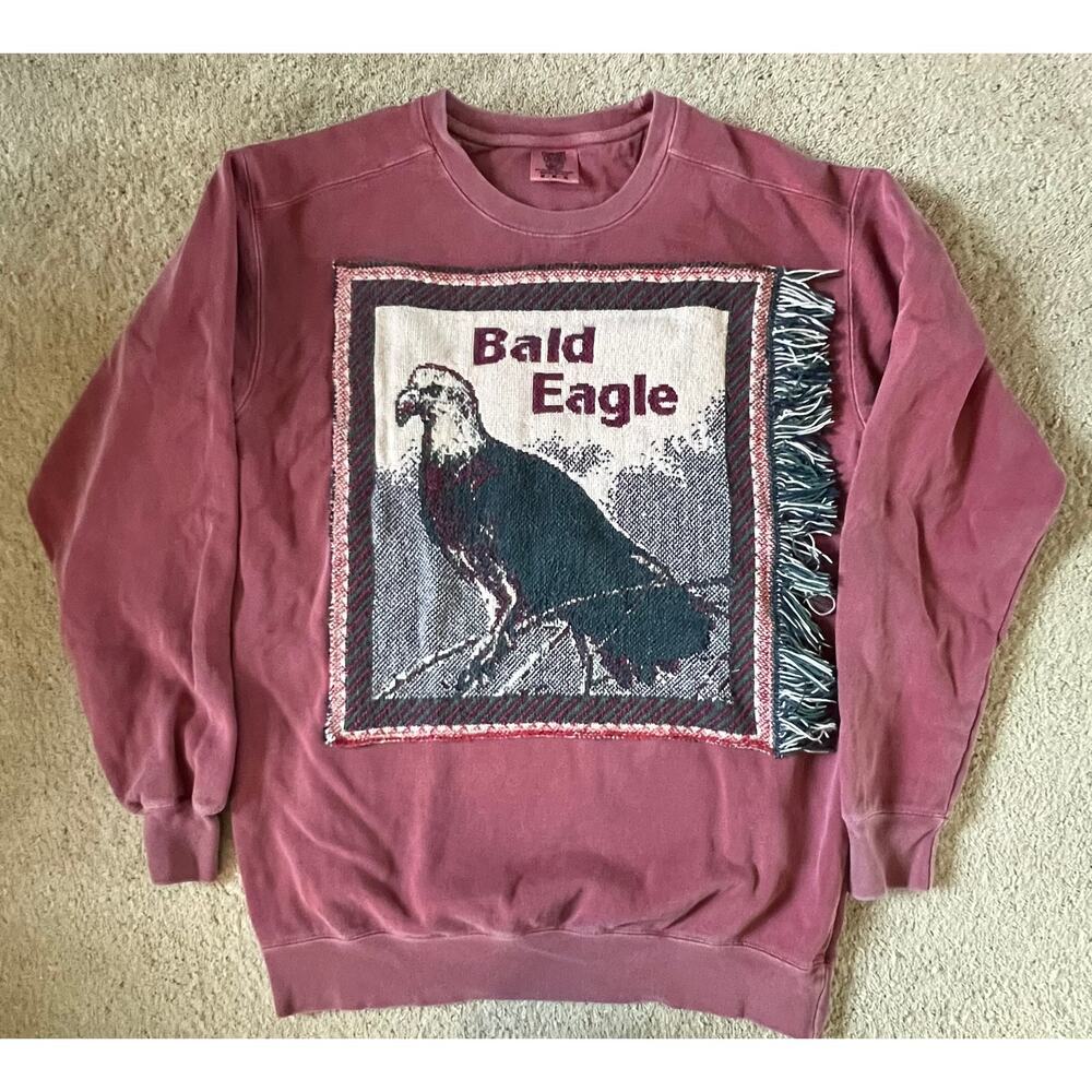 Bald eagle tapestry sweatshirt, w fringe, upcycled, crewneck,  MED